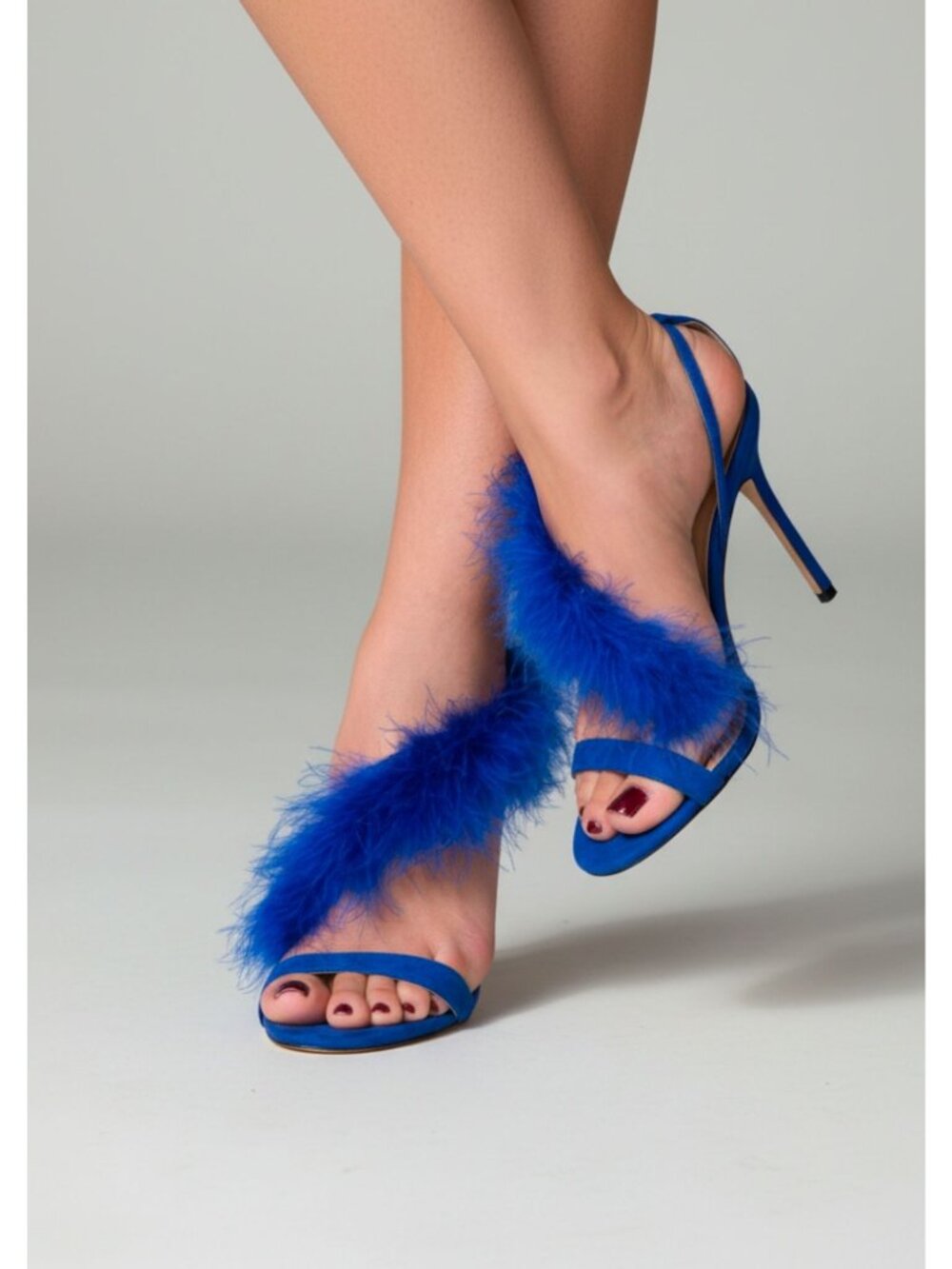 Blue Feathered Open-Toe Stiletto Heels With Side Straps & Faux Suede Finish